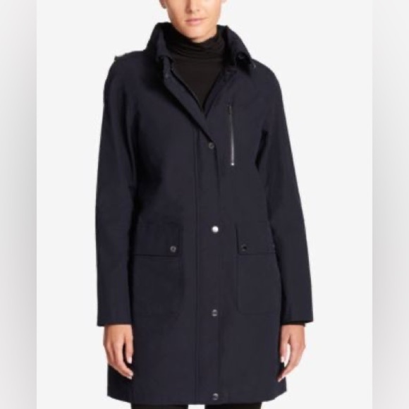 DKNY Hooded Water-Resistant Raincoat Women’s Medium Navy - Picture 1 of 7